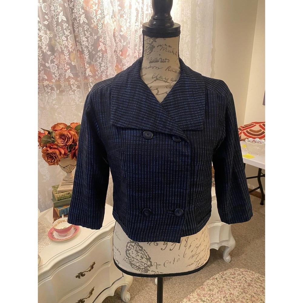 Miller-Cupaioli Navy Black Pinstripe Cropped Double Breasted Jacket
